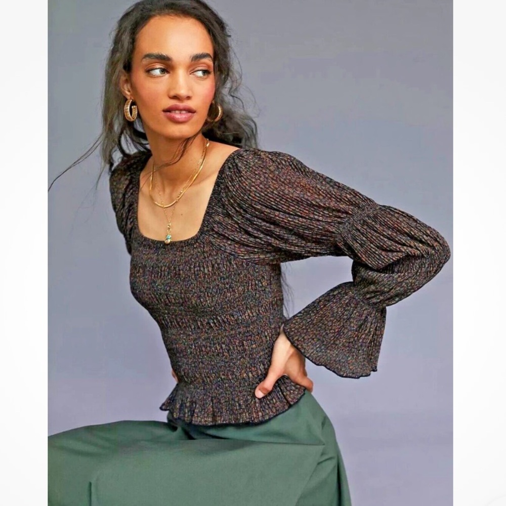 Anthropologie Bishop Shimmer Smocked Top with puff and bell long sleeve size s